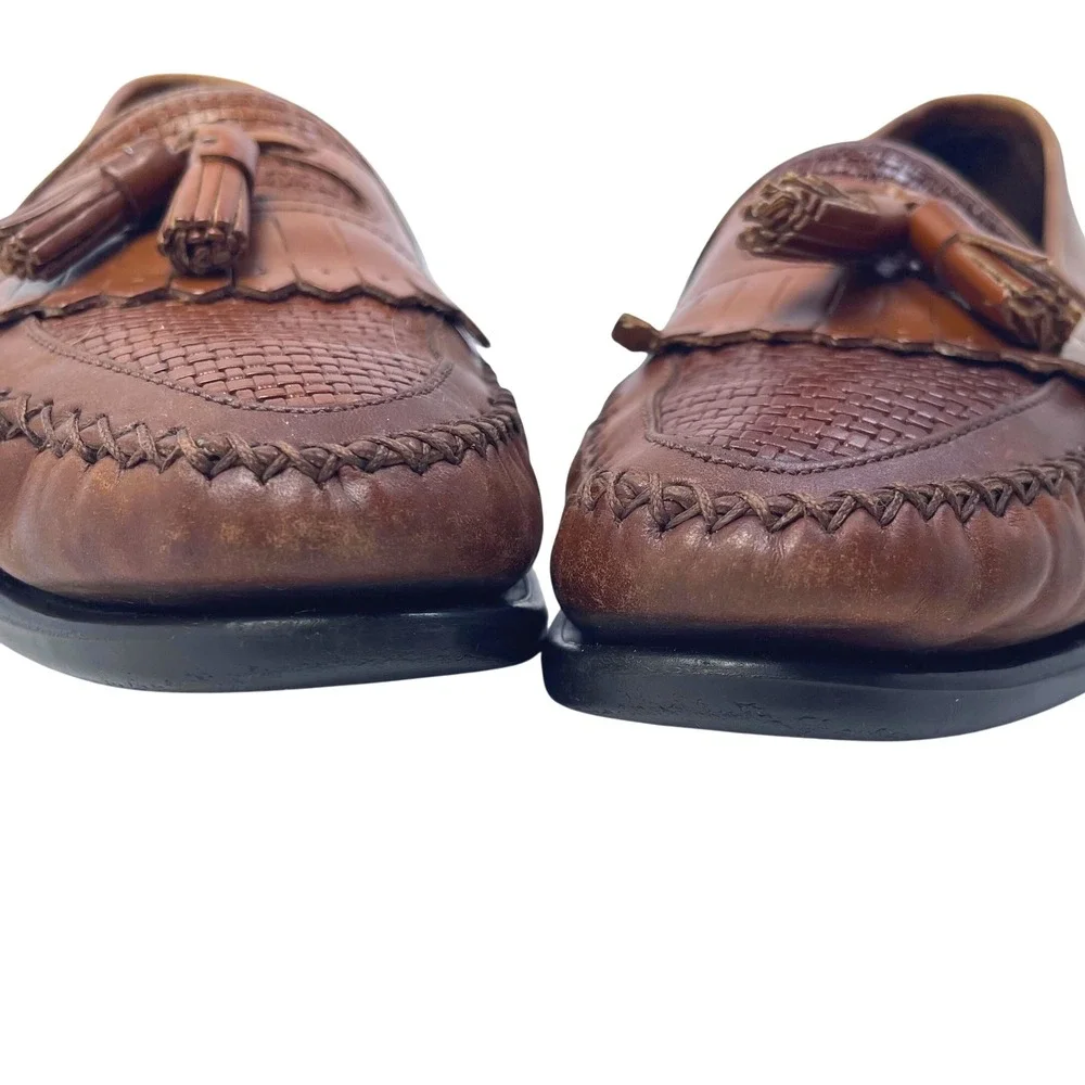 Hush Puppies Brown Leather Loafers Mens Size‎ 9M Tassels Woven Upper Dress Shoes